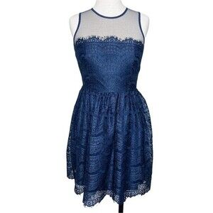 En Creme Fit & Flare Short Dress sz S * Navy Blue Eyelash Lace Princess Mini